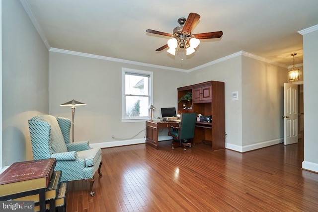 home office with a ceiling fan, dark wood-style floors, baseboards, and ornamental molding