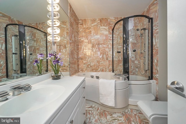 full bathroom with walk in shower, tile walls, a bath, and vanity