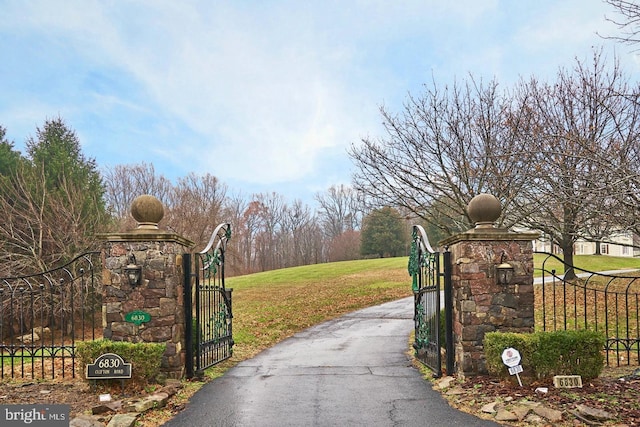 view of gate with a lawn and fence