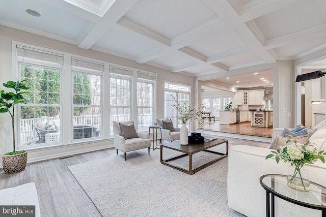 living room with light wood-style floors, visible vents, coffered ceiling, and beam ceiling