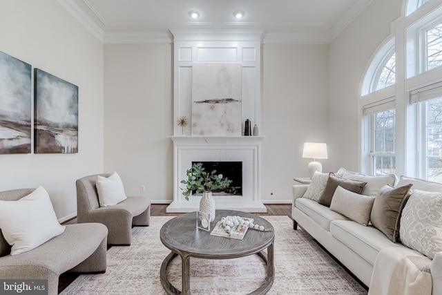 living room with ornamental molding, a fireplace, baseboards, and wood finished floors