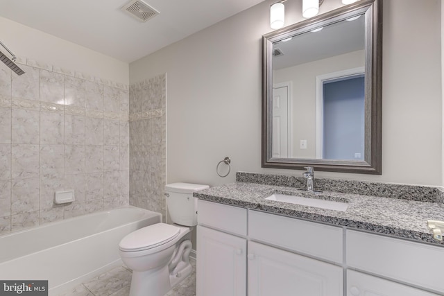 full bath with shower / washtub combination, visible vents, vanity, and toilet