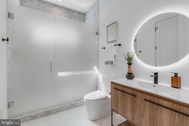 5914 Woodley Rd, Mclean, VA 22101 - bathroom featuring vanity, toilet, tile patterned floors, and a stall shower