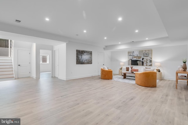5914 Woodley Rd, Mclean, VA 22101 - living room featuring stairs, light wood finished floors, recessed lighting, and baseboards