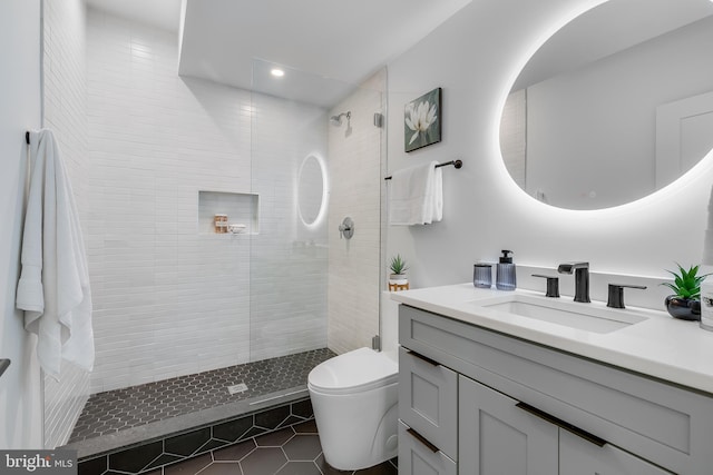 5914 Woodley Rd, Mclean, VA 22101 - bathroom with tile patterned flooring, vanity, a walk in shower, toilet, and recessed lighting