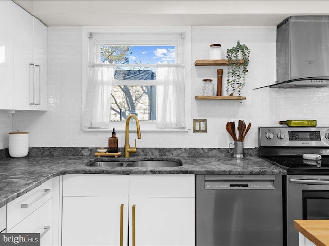 kitchen with black dishwasher, electric stove, a sink, and white cabinets