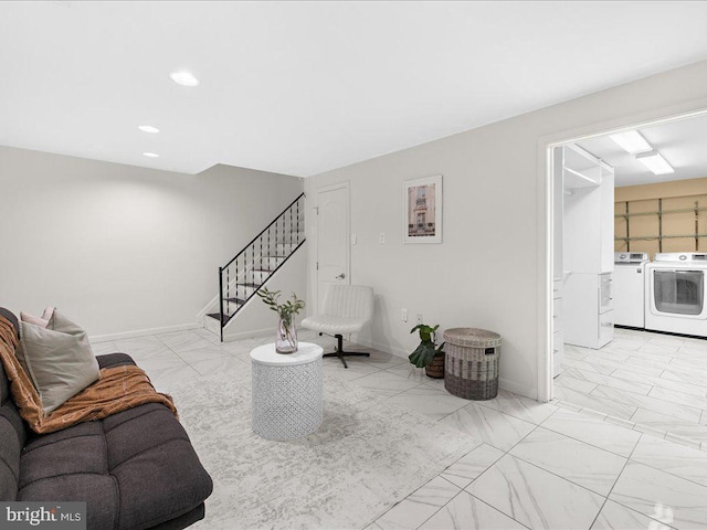 living room featuring marble finish floor, recessed lighting, stairway, independent washer and dryer, and baseboards