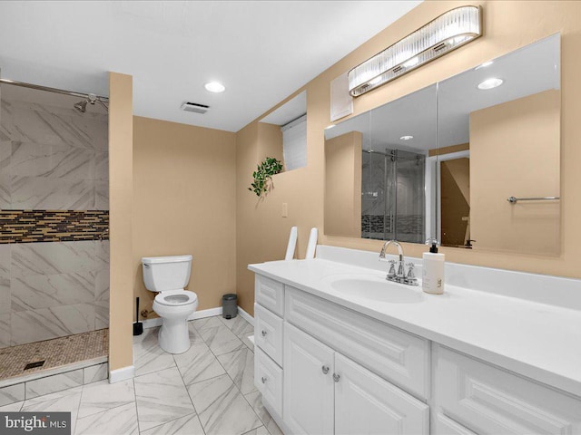 full bathroom with vanity, visible vents, baseboards, marble finish floor, and a shower stall