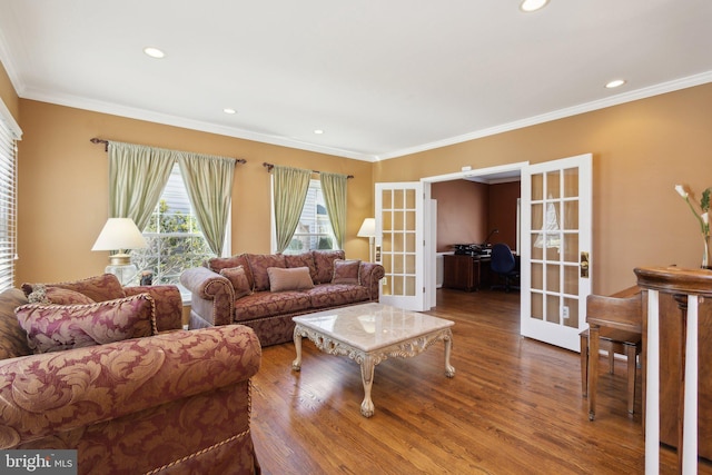 living area with recessed lighting, french doors, wood finished floors, and crown molding