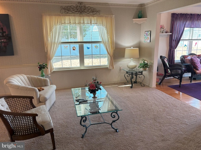 carpeted living room with wallpapered walls, a wainscoted wall, and wood finished floors