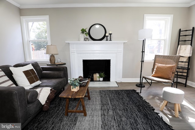 living room with wood finished floors, ornamental molding, a fireplace with flush hearth, and baseboards