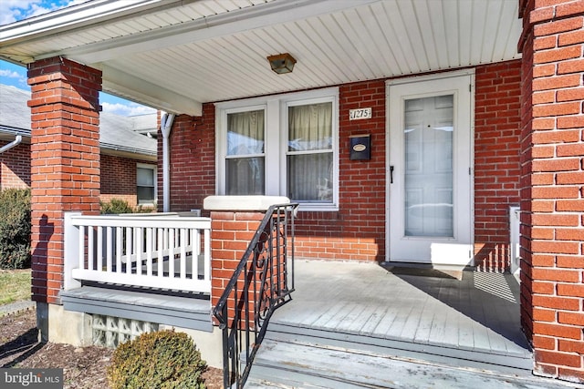 view of exterior entry featuring a porch and brick siding