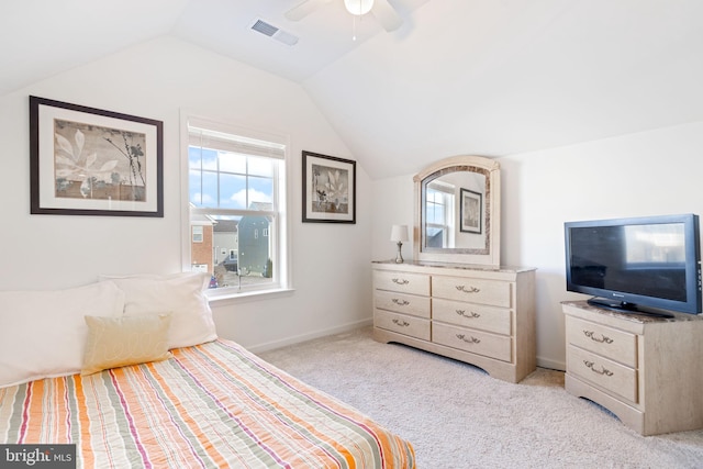 bedroom featuring lofted ceiling, visible vents, a ceiling fan, light carpet, and baseboards