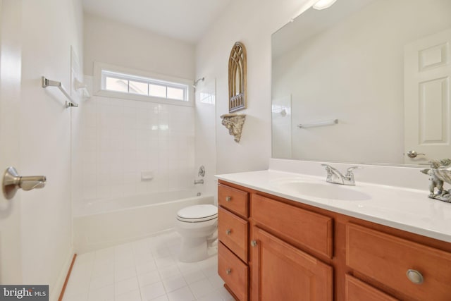 full bath featuring toilet, tile patterned flooring,  shower combination, and vanity