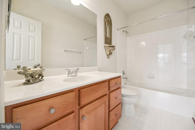 full bath with toilet, tile patterned floors, shower / tub combination, and vanity