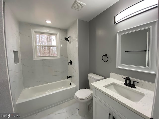 bathroom featuring visible vents, toilet,  shower combination, marble finish floor, and vanity