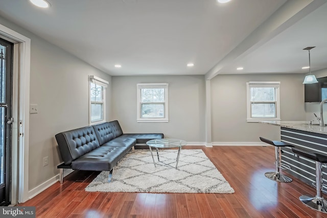 living area featuring plenty of natural light, baseboards, and dark wood-style flooring