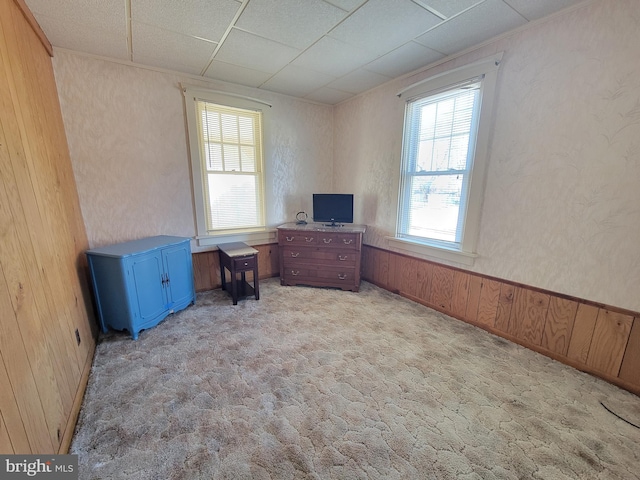 unfurnished office with light colored carpet and wooden walls