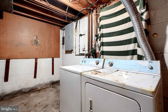 laundry room featuring laundry area, washing machine and clothes dryer, and electric panel