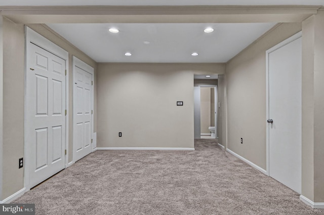 interior space featuring carpet floors, recessed lighting, and baseboards