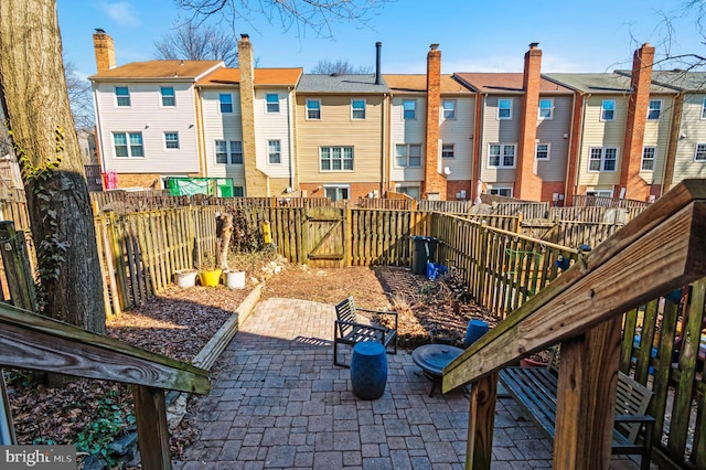 view of patio featuring a fenced backyard and a residential view