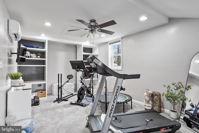 workout room featuring a ceiling fan, carpet, a wall mounted air conditioner, and recessed lighting