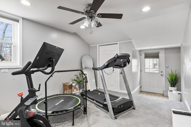 workout area with lofted ceiling, baseboards, and recessed lighting