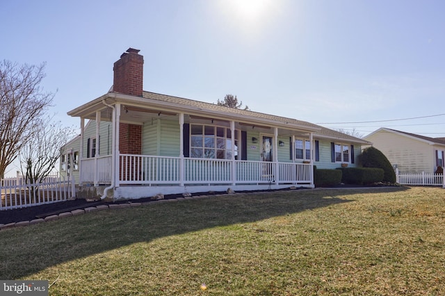 single story home with a porch, fence, a front lawn, and a chimney