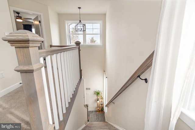 staircase featuring carpet flooring and baseboards