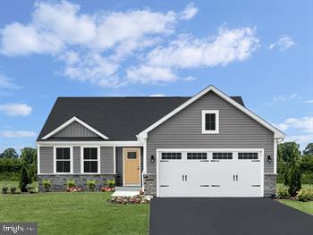 view of front facade with aphalt driveway, a garage, stone siding, and a front lawn