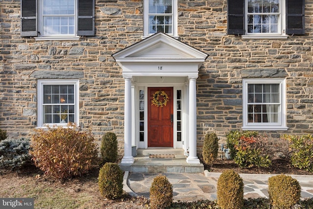 doorway to property with stone siding