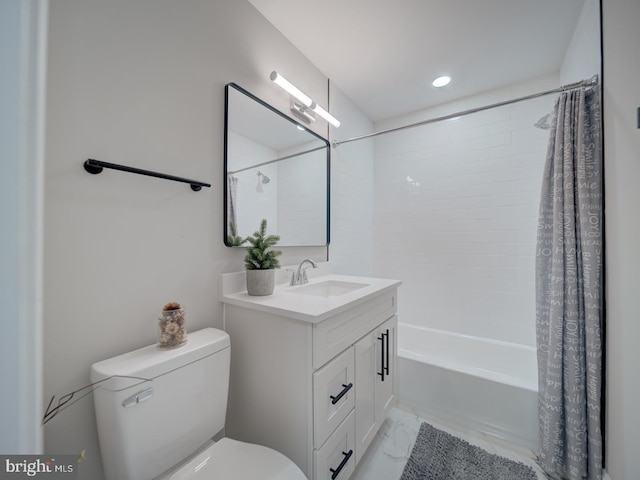 bathroom featuring shower / bath combo with shower curtain, marble finish floor, toilet, and vanity