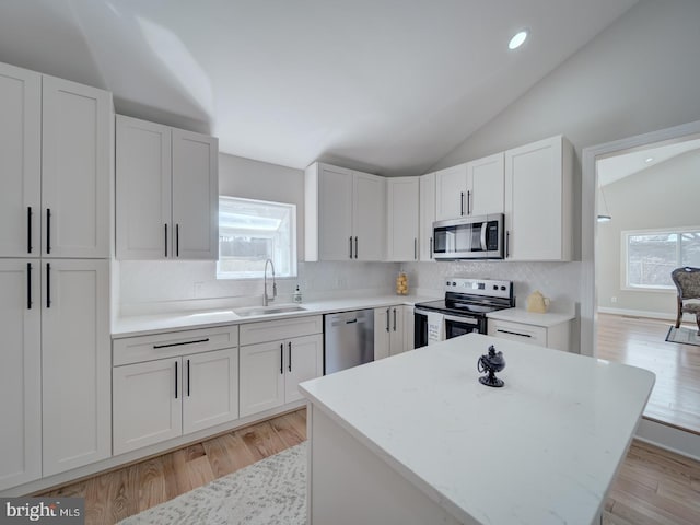 kitchen featuring a sink, vaulted ceiling, a healthy amount of sunlight, and stainless steel appliances