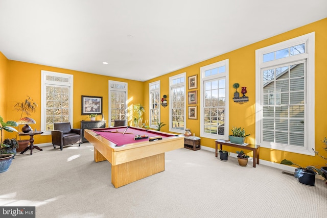 game room featuring baseboards, pool table, and carpet flooring