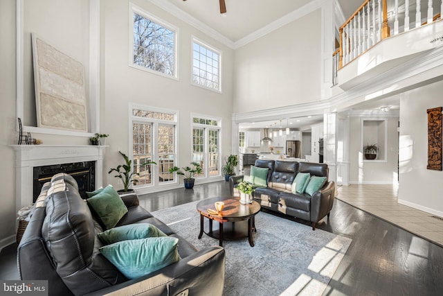 living area with ornamental molding, wood finished floors, a high end fireplace, baseboards, and ceiling fan