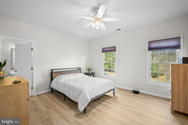 bedroom with visible vents, baseboards, ceiling fan, and light wood finished floors