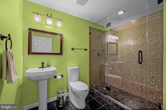 full bathroom with baseboards, visible vents, a shower stall, tile patterned floors, and toilet