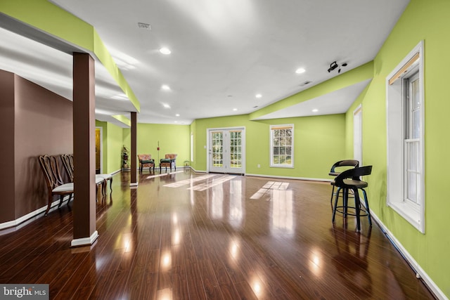 playroom featuring recessed lighting, visible vents, baseboards, and wood finished floors