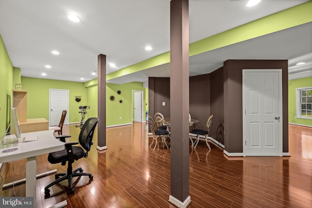 office featuring recessed lighting, wood finished floors, and baseboards