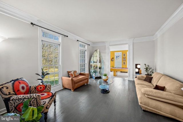 living room with crown molding, ornate columns, and wood finished floors