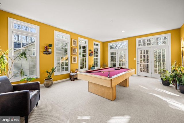 playroom with french doors, carpet floors, baseboards, and pool table