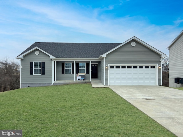 ranch-style house with driveway, a shingled roof, an attached garage, a front lawn, and a porch