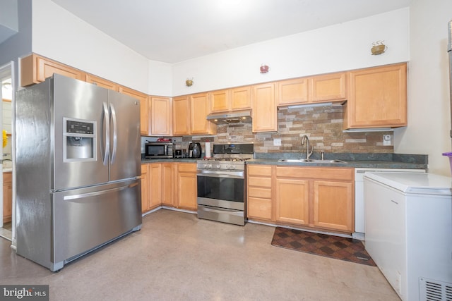 kitchen with backsplash, light brown cabinetry, appliances with stainless steel finishes, a sink, and under cabinet range hood