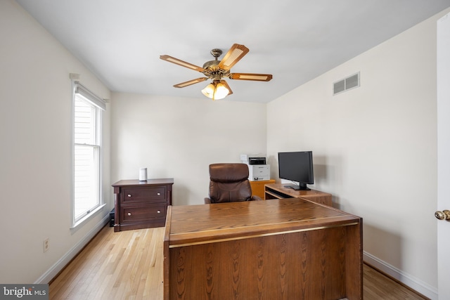 office area featuring light wood finished floors, visible vents, and baseboards