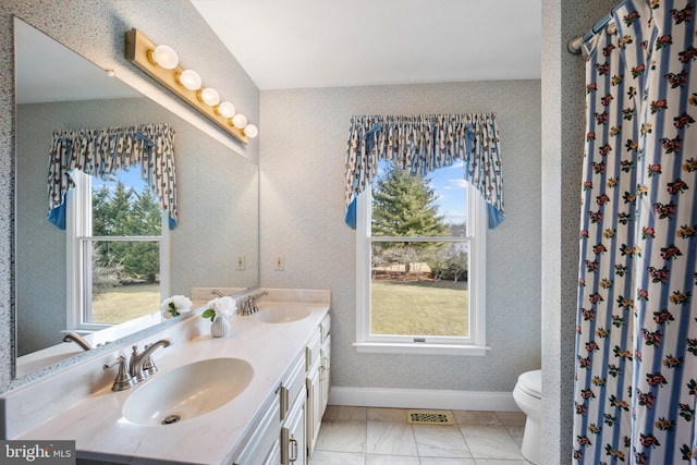 bathroom featuring a healthy amount of sunlight, double vanity, and a sink