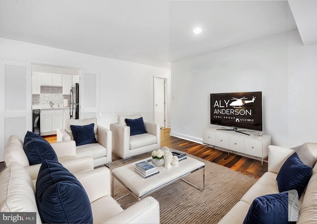 living room with dark wood finished floors