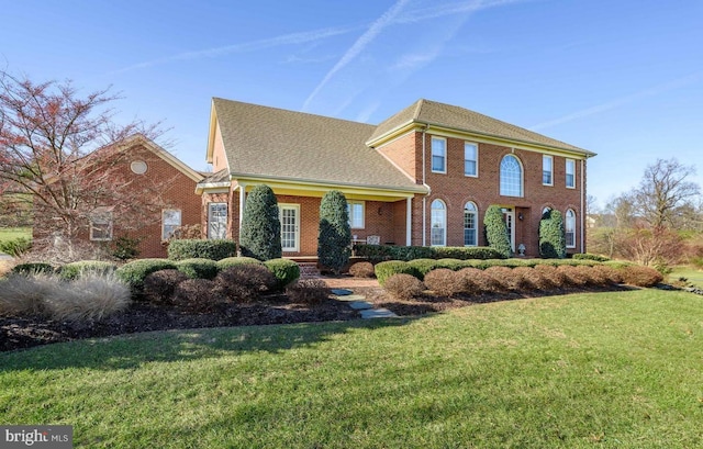 view of front of house featuring a front yard and brick siding