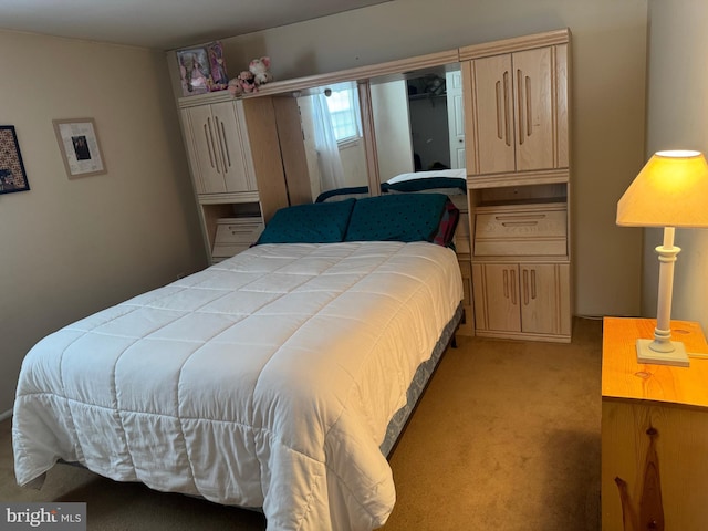 bedroom with light colored carpet