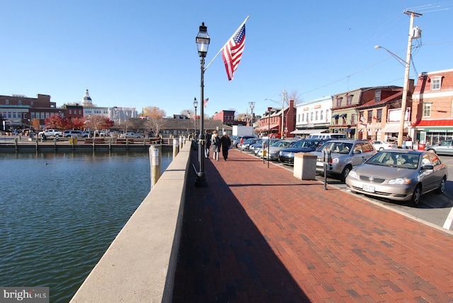 view of dock with a water view