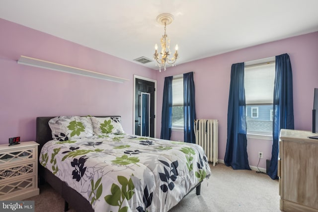 carpeted bedroom featuring radiator heating unit, visible vents, a chandelier, and baseboards